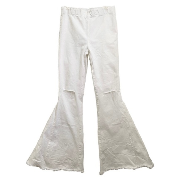 NEWBURY KUSTOM White Denim Raw Hem High Rise Wide Leg Flare Pull On Jeans Size L - Picture 2 of 13